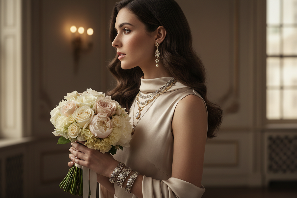 Silver only and gold holding flowers and a side profile